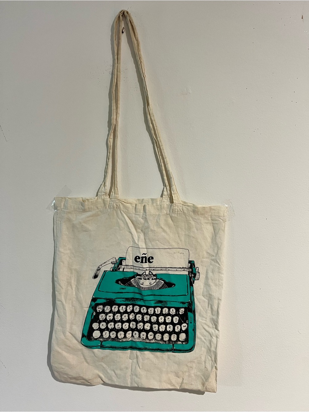 Canvas Tote Bag with Teal Typewriter Print eñe